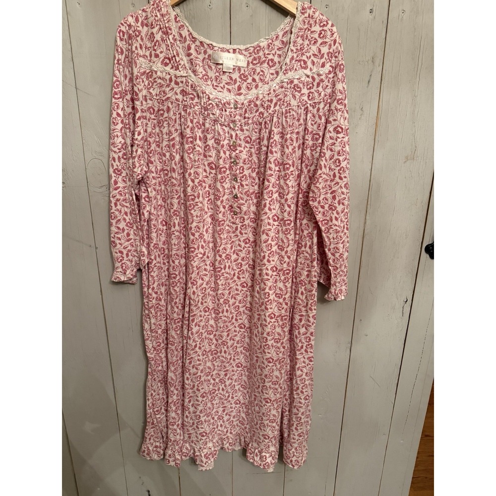 Eileen West Red White Floral Nightgown Lace Trim Button Front Soft Knit Sz XL - Picture 3 of 10